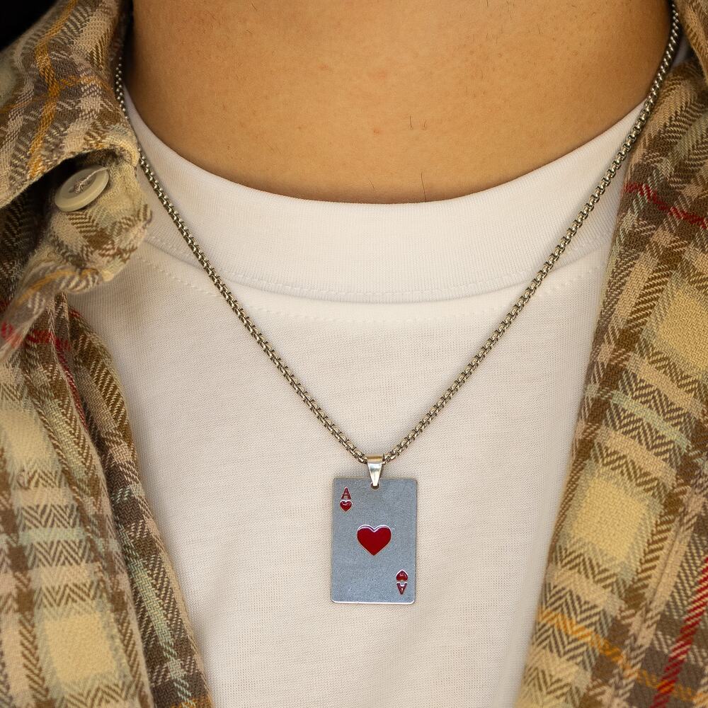 Y2K Silver Red Ace of Hearts Necklace Gothic Punk Pendant Unisex Statement New